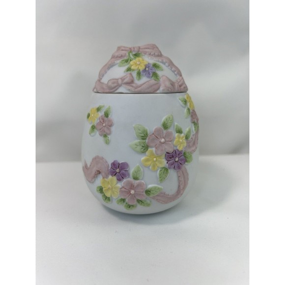 Vtg 1991 Lefton China Porcelain Egg Trinket Box w/Lid Ribbon Floral Hand Painted - Picture 1 of 6